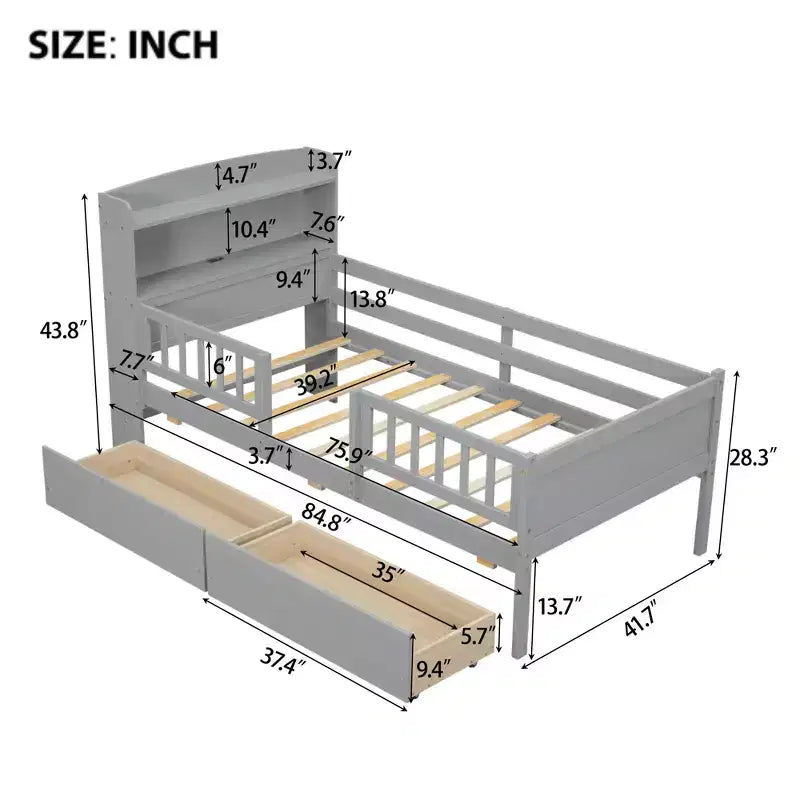 Holz-Plattformbett in Twin-Größe mit integrierter LED-Beleuchtung, multifunktionalem Kopfteil, Rausfallschutz und Schubladen