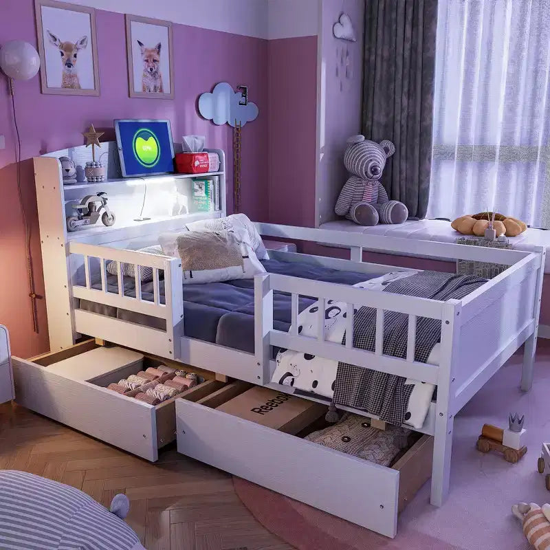 Holz-Plattformbett in Twin-Größe mit integrierter LED-Beleuchtung, multifunktionalem Kopfteil, Rausfallschutz und Schubladen