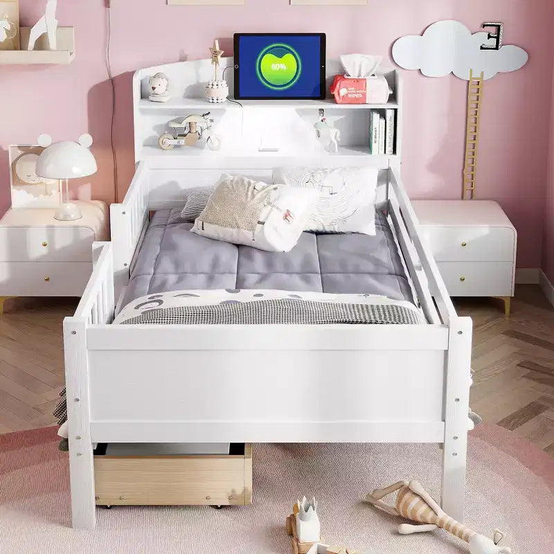 Holz-Plattformbett in Twin-Größe mit integrierter LED-Beleuchtung, multifunktionalem Kopfteil, Rausfallschutz und Schubladen