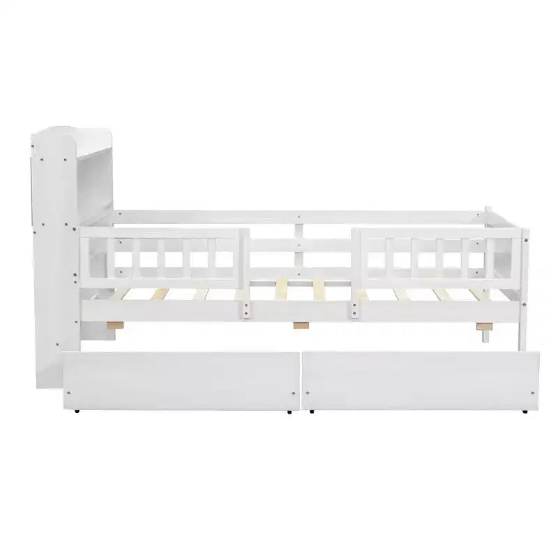 Holz-Plattformbett in Twin-Größe mit integrierter LED-Beleuchtung, multifunktionalem Kopfteil, Rausfallschutz und Schubladen