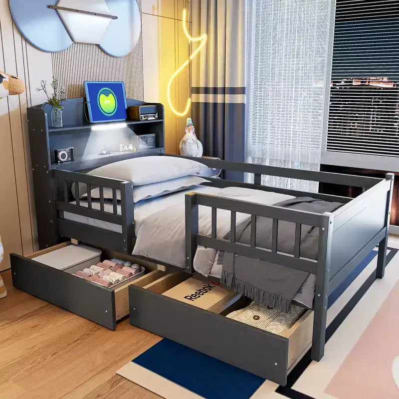Holz-Plattformbett in Twin-Größe mit integrierter LED-Beleuchtung, multifunktionalem Kopfteil, Rausfallschutz und Schubladen
