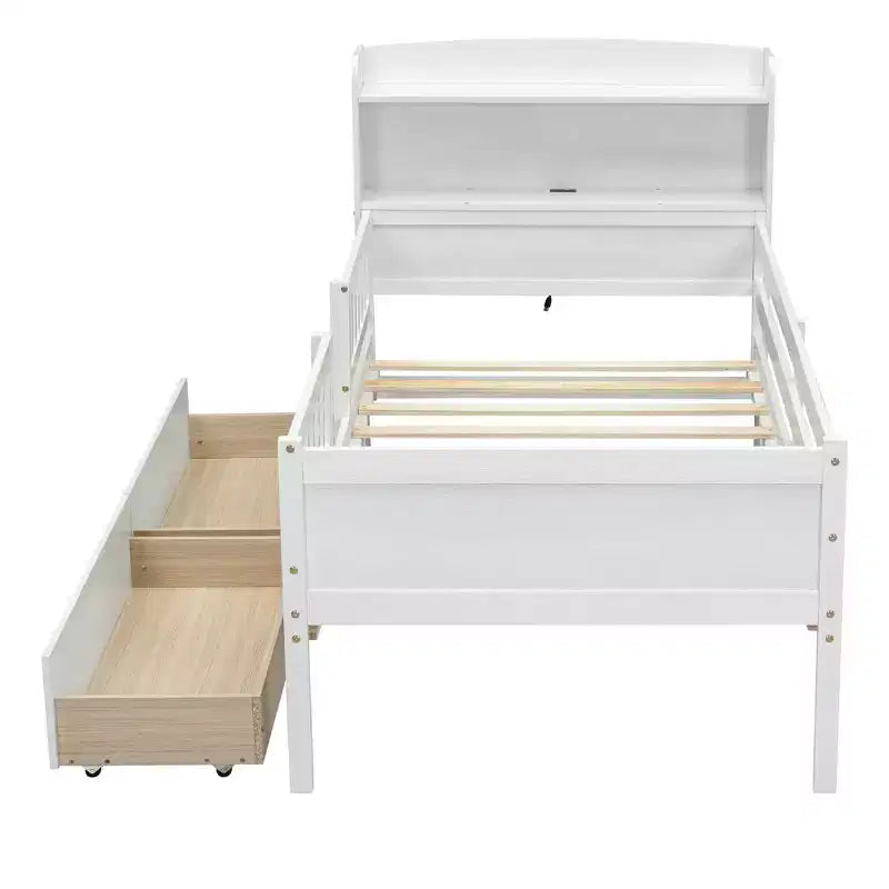 Holz-Plattformbett in Twin-Größe mit integrierter LED-Beleuchtung, multifunktionalem Kopfteil, Rausfallschutz und Schubladen