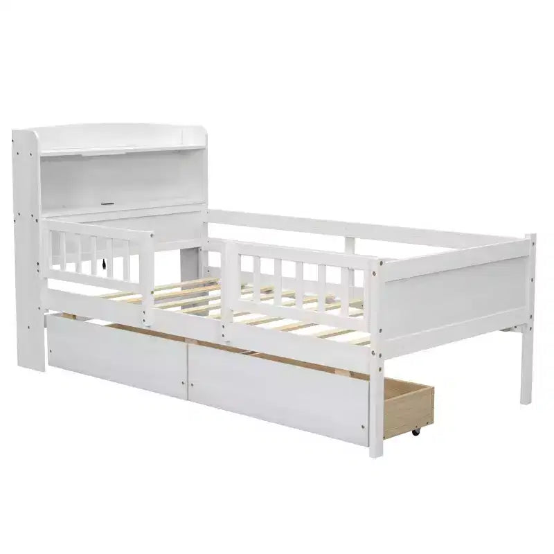 Holz-Plattformbett in Twin-Größe mit integrierter LED-Beleuchtung, multifunktionalem Kopfteil, Rausfallschutz und Schubladen