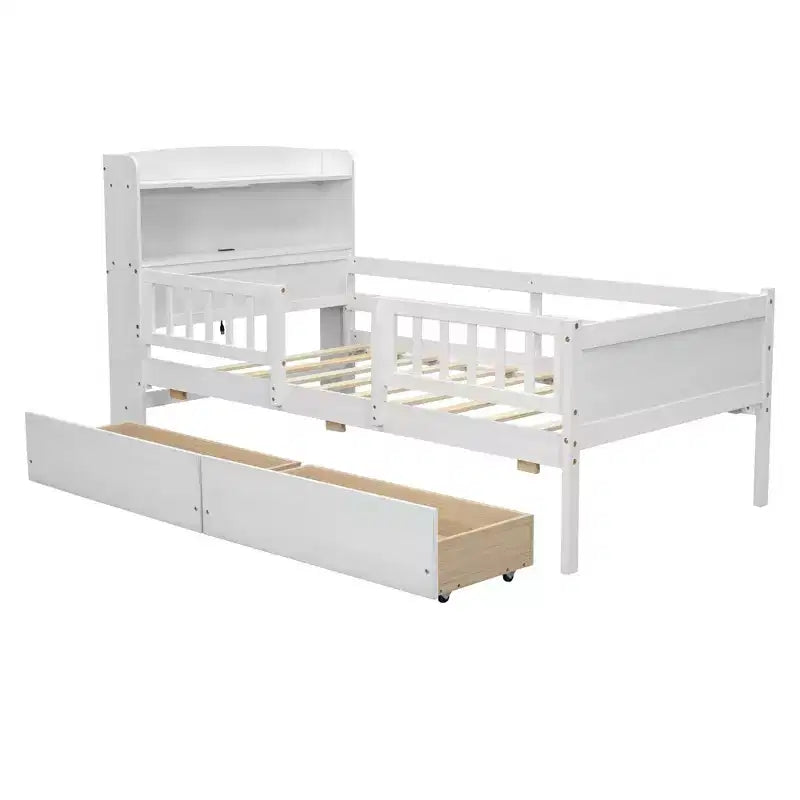 Holz-Plattformbett in Twin-Größe mit integrierter LED-Beleuchtung, multifunktionalem Kopfteil, Rausfallschutz und Schubladen