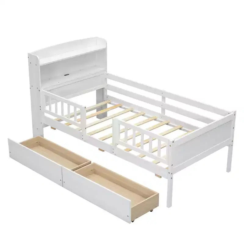 Holz-Plattformbett in Twin-Größe mit integrierter LED-Beleuchtung, multifunktionalem Kopfteil, Rausfallschutz und Schubladen