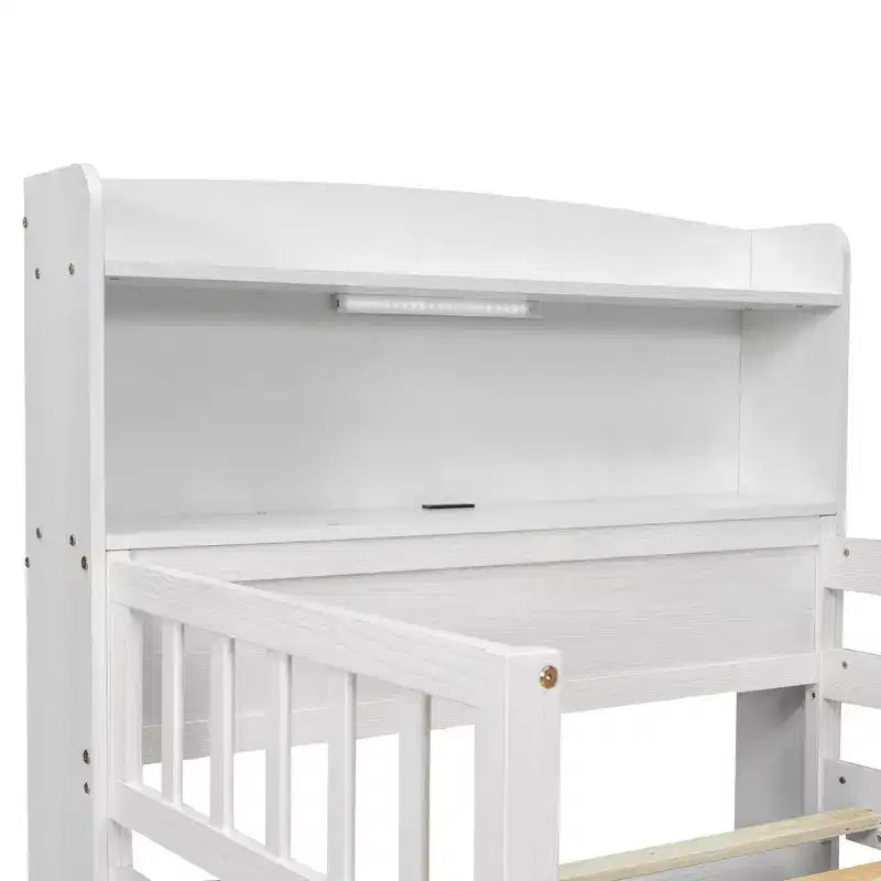 Holz-Plattformbett in Twin-Größe mit integrierter LED-Beleuchtung, multifunktionalem Kopfteil, Rausfallschutz und Schubladen