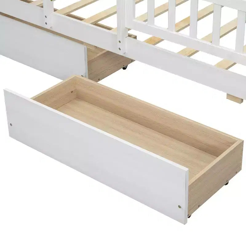 Holz-Plattformbett in Twin-Größe mit integrierter LED-Beleuchtung, multifunktionalem Kopfteil, Rausfallschutz und Schubladen