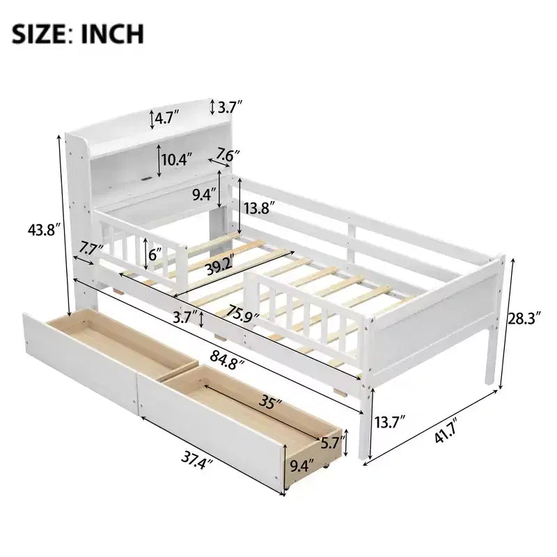Holz-Plattformbett in Twin-Größe mit integrierter LED-Beleuchtung, multifunktionalem Kopfteil, Rausfallschutz und Schubladen