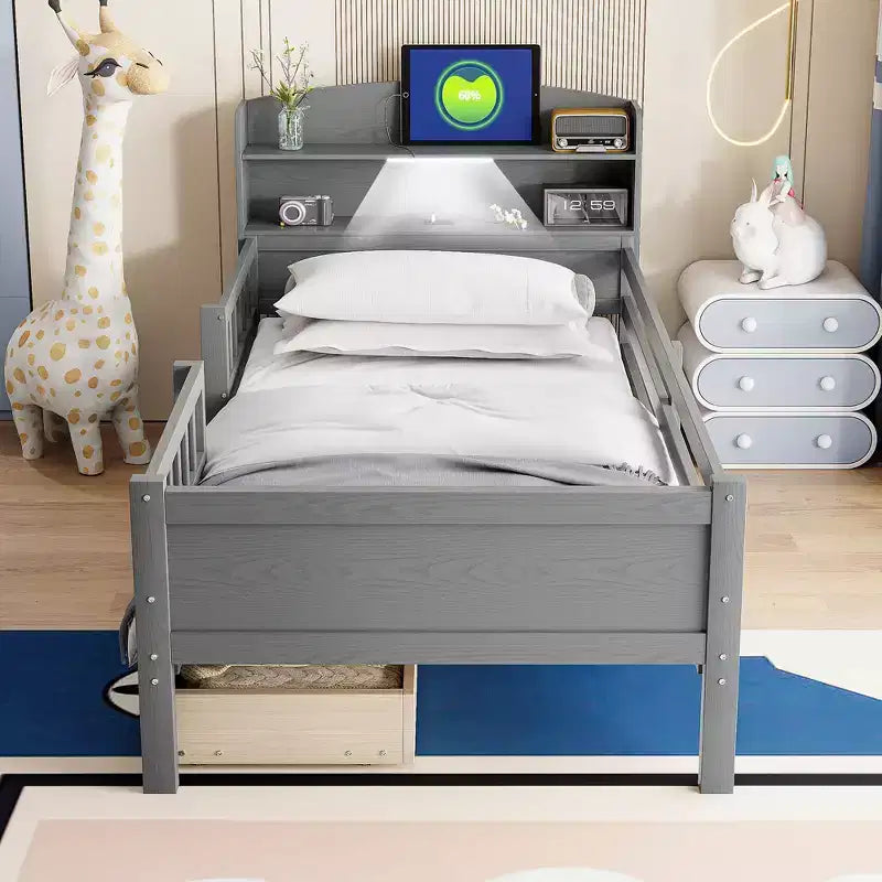 Holz-Plattformbett in Twin-Größe mit integrierter LED-Beleuchtung, multifunktionalem Kopfteil, Rausfallschutz und Schubladen