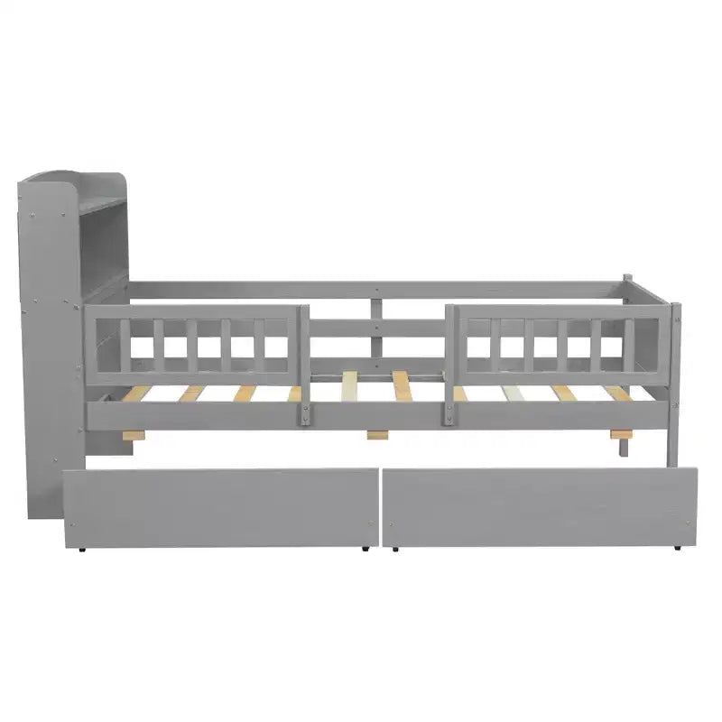 Cama de plataforma de madera tamaño individual con luz LED integrada, cabecera multifuncional, barandilla y cajones