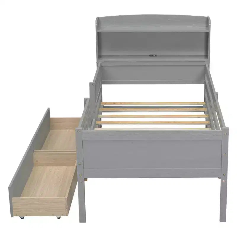 Holz-Plattformbett in Twin-Größe mit integrierter LED-Beleuchtung, multifunktionalem Kopfteil, Rausfallschutz und Schubladen