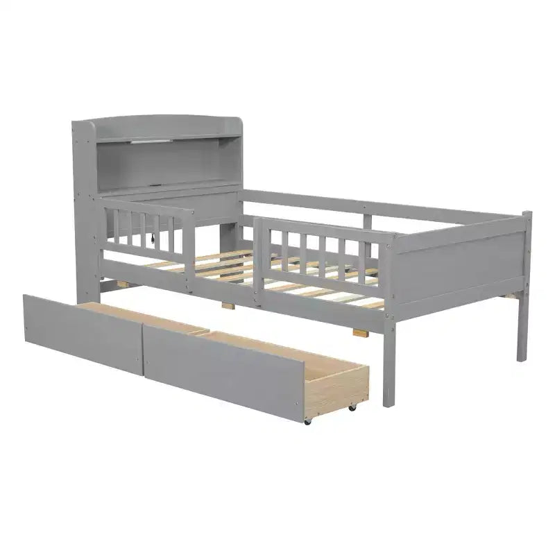 Holz-Plattformbett in Twin-Größe mit integrierter LED-Beleuchtung, multifunktionalem Kopfteil, Rausfallschutz und Schubladen