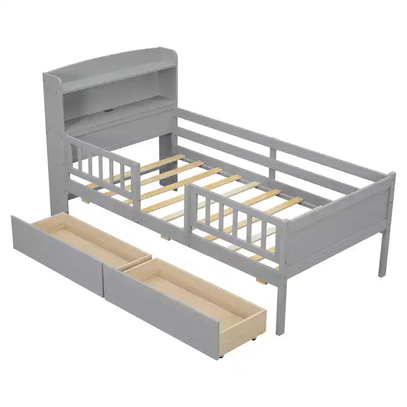 Holz-Plattformbett in Twin-Größe mit integrierter LED-Beleuchtung, multifunktionalem Kopfteil, Rausfallschutz und Schubladen