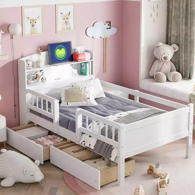 Cama de plataforma de madera tamaño individual con luz LED integrada, cabecera multifuncional, barandilla y cajones