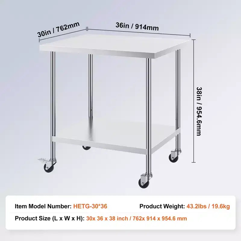 Arbeitstisch aus Edelstahl, 30 x 36 x 38 Inch, mit 4 Rollen und 3 einstellbaren Höhen, robuster Arbeitstisch für die Speisenzubereitung in Großküchen