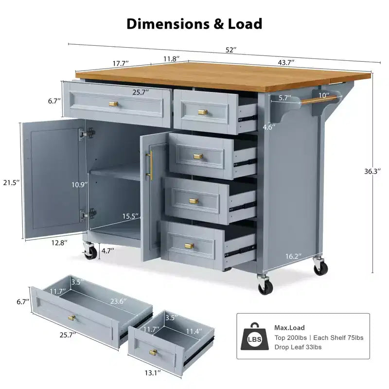 Isla de cocina de 52 con extensión abatible, estantes integrados, cajones y repisa ajustable, isla de cocina con ruedas