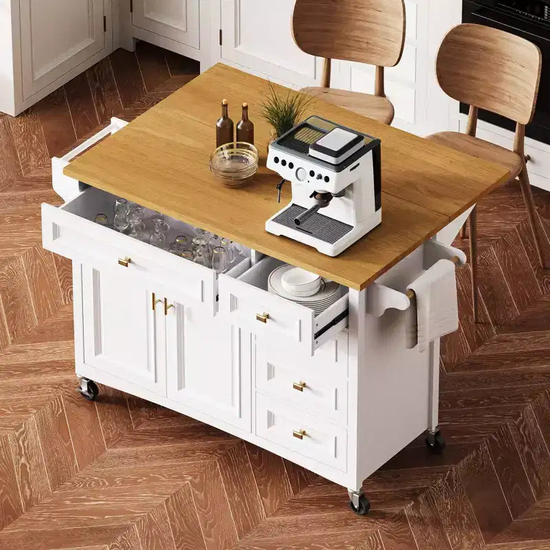 Isla de cocina de 52 con extensión abatible, estantes integrados, cajones y repisa ajustable, isla de cocina con ruedas