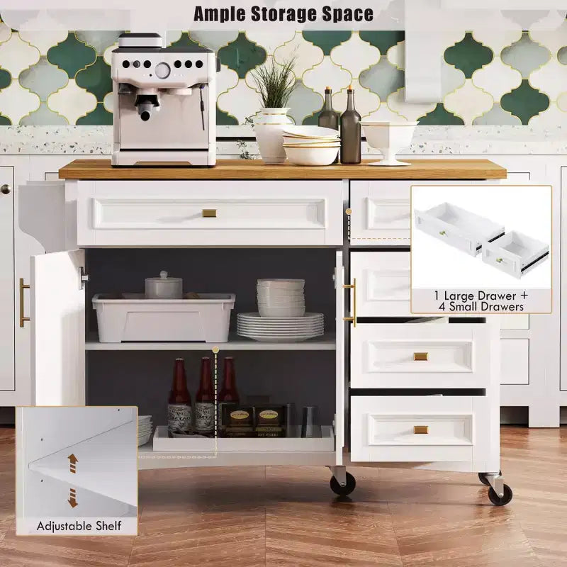 Isla de cocina de 52 con extensión abatible, estantes integrados, cajones y repisa ajustable, isla de cocina con ruedas