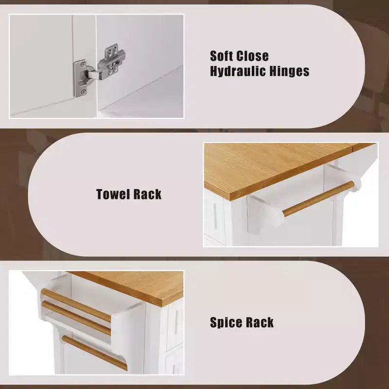 Isla de cocina de 52 con extensión abatible, estantes integrados, cajones y repisa ajustable, isla de cocina con ruedas