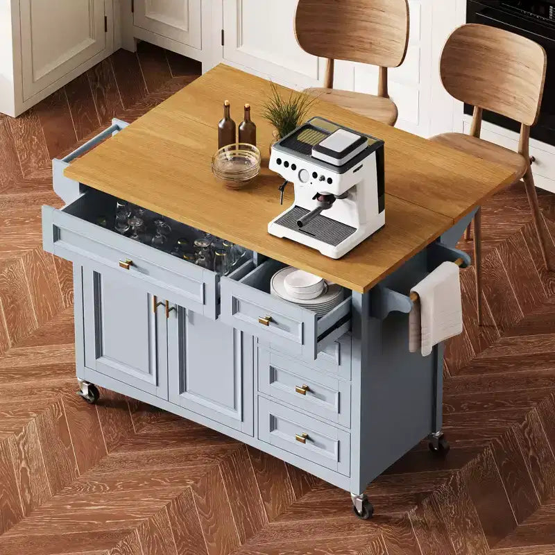 Isla de cocina de 52 con extensión abatible, estantes integrados, cajones y repisa ajustable, isla de cocina con ruedas