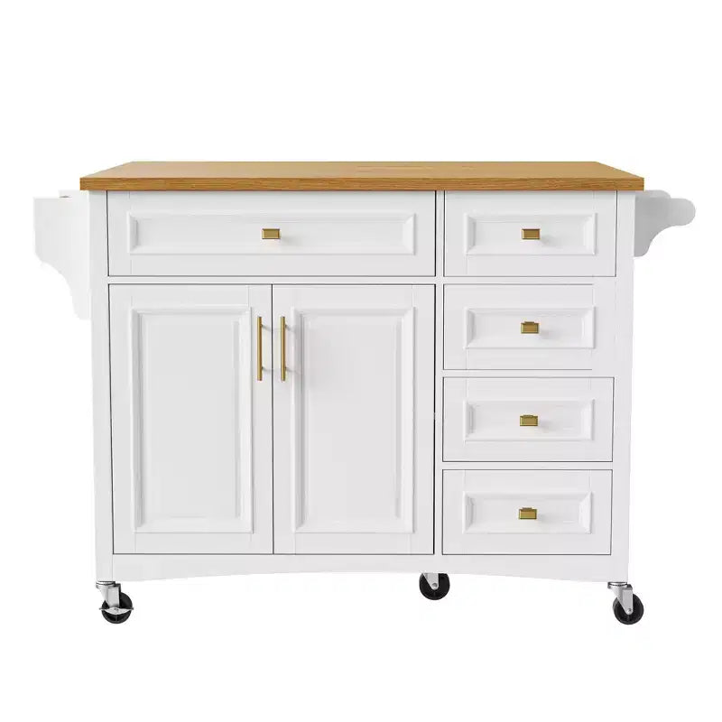 Isla de cocina de 52 con extensión abatible, estantes integrados, cajones y repisa ajustable, isla de cocina con ruedas