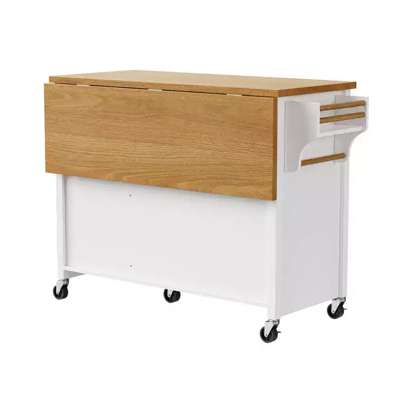 Isla de cocina de 52 con extensión abatible, estantes integrados, cajones y repisa ajustable, isla de cocina con ruedas