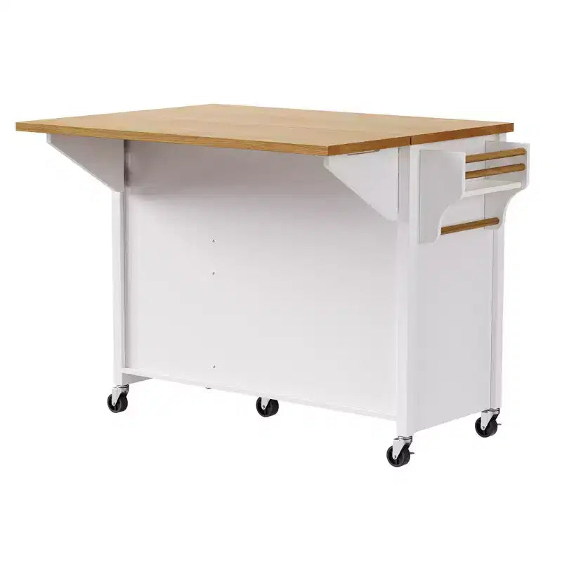 Isla de cocina de 52 con extensión abatible, estantes integrados, cajones y repisa ajustable, isla de cocina con ruedas