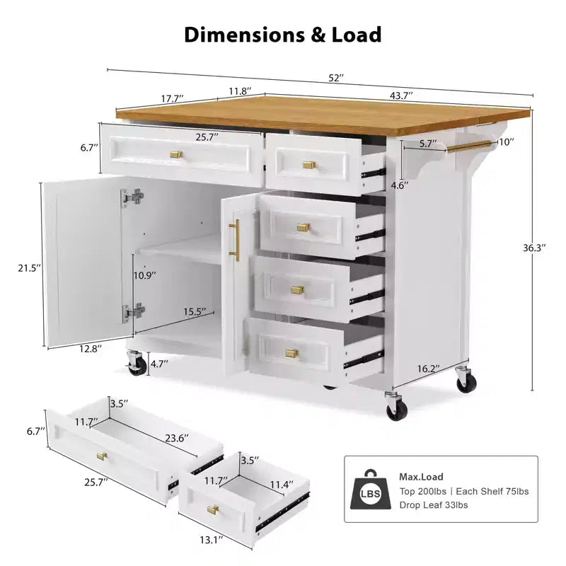Isla de cocina de 52 con extensión abatible, estantes integrados, cajones y repisa ajustable, isla de cocina con ruedas