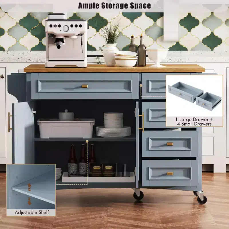 Isla de cocina de 52 con extensión abatible, estantes integrados, cajones y repisa ajustable, isla de cocina con ruedas