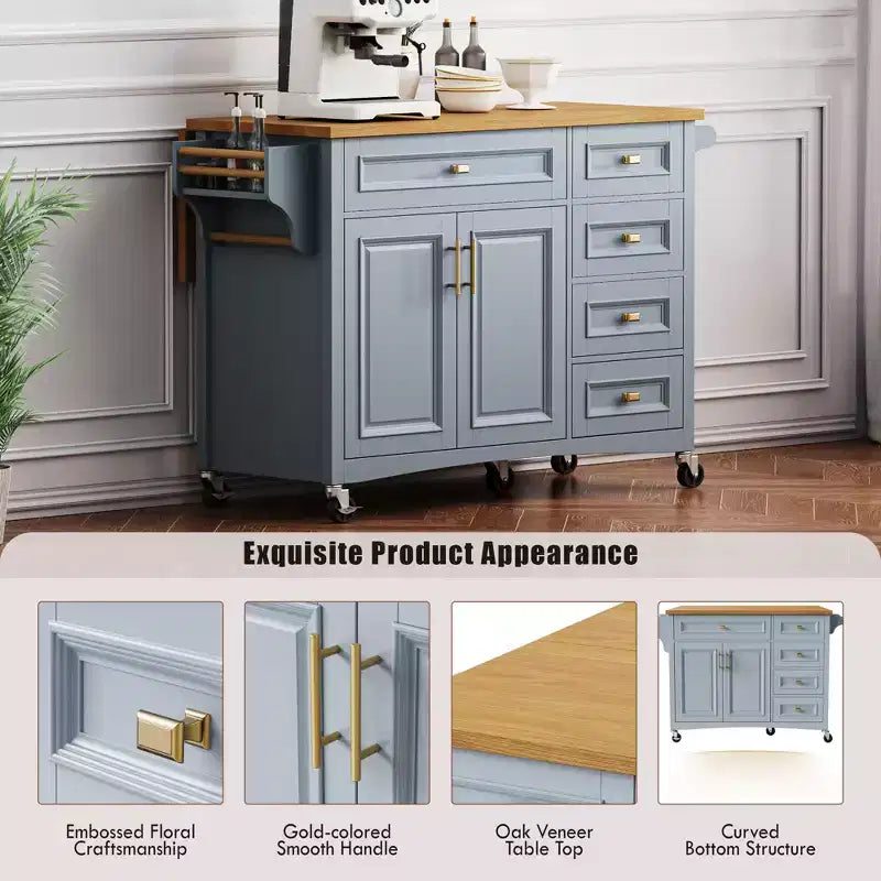 Isla de cocina de 52 con extensión abatible, estantes integrados, cajones y repisa ajustable, isla de cocina con ruedas