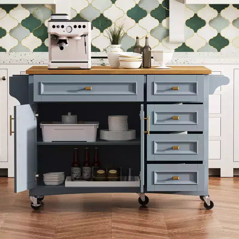 Isla de cocina de 52 con extensión abatible, estantes integrados, cajones y repisa ajustable, isla de cocina con ruedas