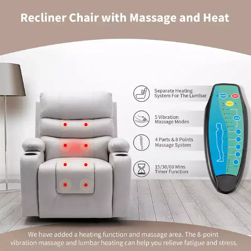 Relaxsessel mit Massage- und Wärmefunktion für Senioren, mit 2 Getränkehaltern