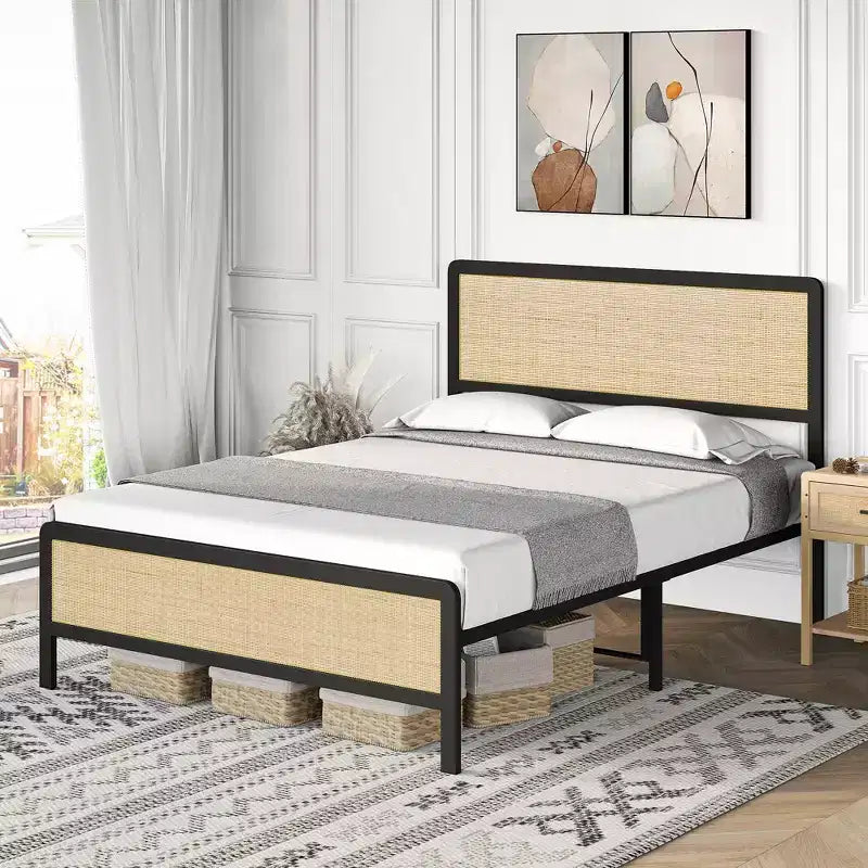 Estructura de cama con cabecera y piecera de ratán, cama de plataforma, estilo moderno de mediados de siglo, no requiere somier, fácil de montar, silenciosa