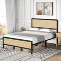 Estructura de cama con cabecera y piecera de ratán, cama de plataforma, estilo moderno de mediados de siglo, no requiere somier, fácil de montar, silenciosa