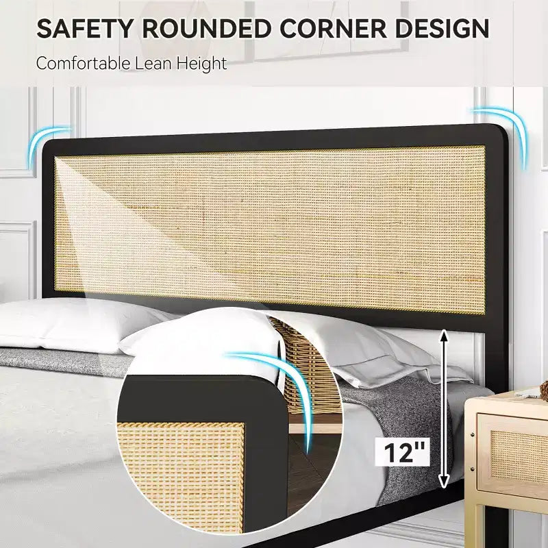 Estructura de cama con cabecera y piecera de ratán, cama de plataforma, estilo moderno de mediados de siglo, no requiere somier, fácil de montar, silenciosa