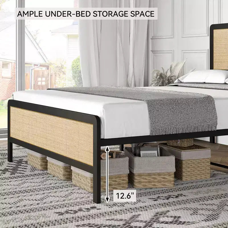 Estructura de cama con cabecera y piecera de ratán, cama de plataforma, estilo moderno de mediados de siglo, no requiere somier, fácil de montar, silenciosa