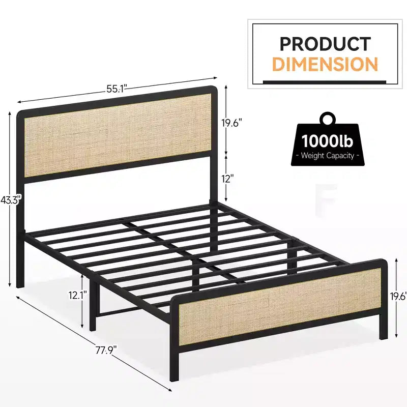 Estructura de cama con cabecera y piecera de ratán, cama de plataforma, estilo moderno de mediados de siglo, no requiere somier, fácil de montar, silenciosa