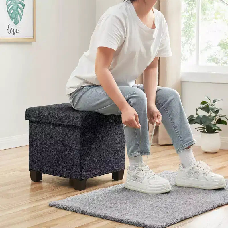 Quadratischer Wäschehocker aus Leinen, 15 Inch, mit Beinen