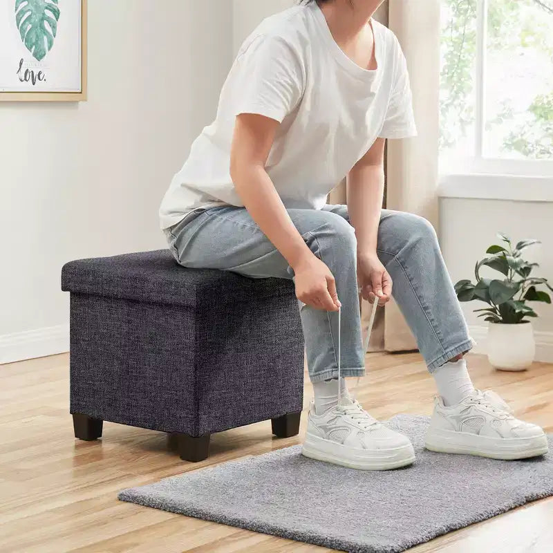 Quadratischer Wäschehocker aus Leinen, 15 Inch, mit Beinen