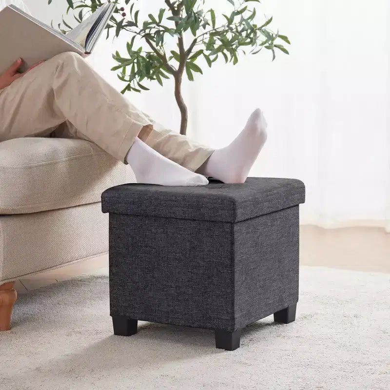Quadratischer Wäschehocker aus Leinen, 15 Inch, mit Beinen