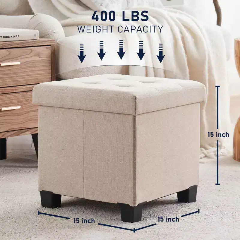 Quadratischer Wäschehocker aus Leinen, 15 Inch, mit Beinen