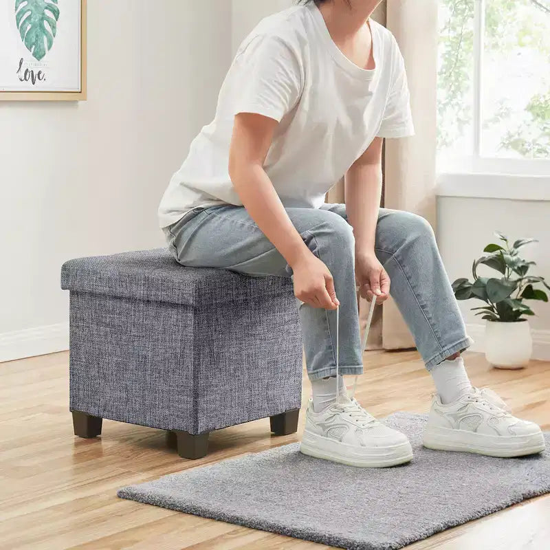 Quadratischer Wäschehocker aus Leinen, 15 Inch, mit Beinen