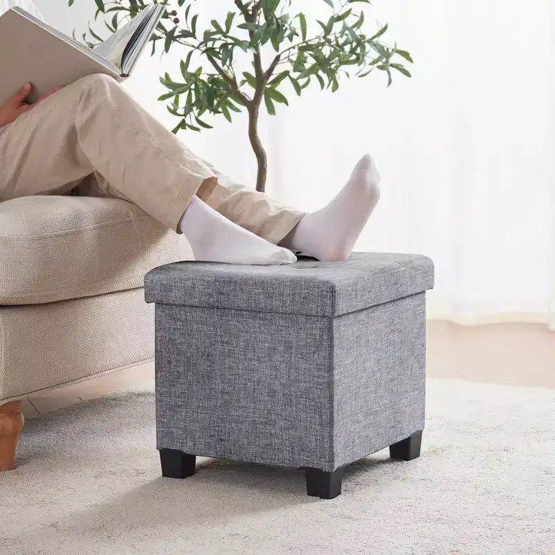 Quadratischer Wäschehocker aus Leinen, 15 Inch, mit Beinen