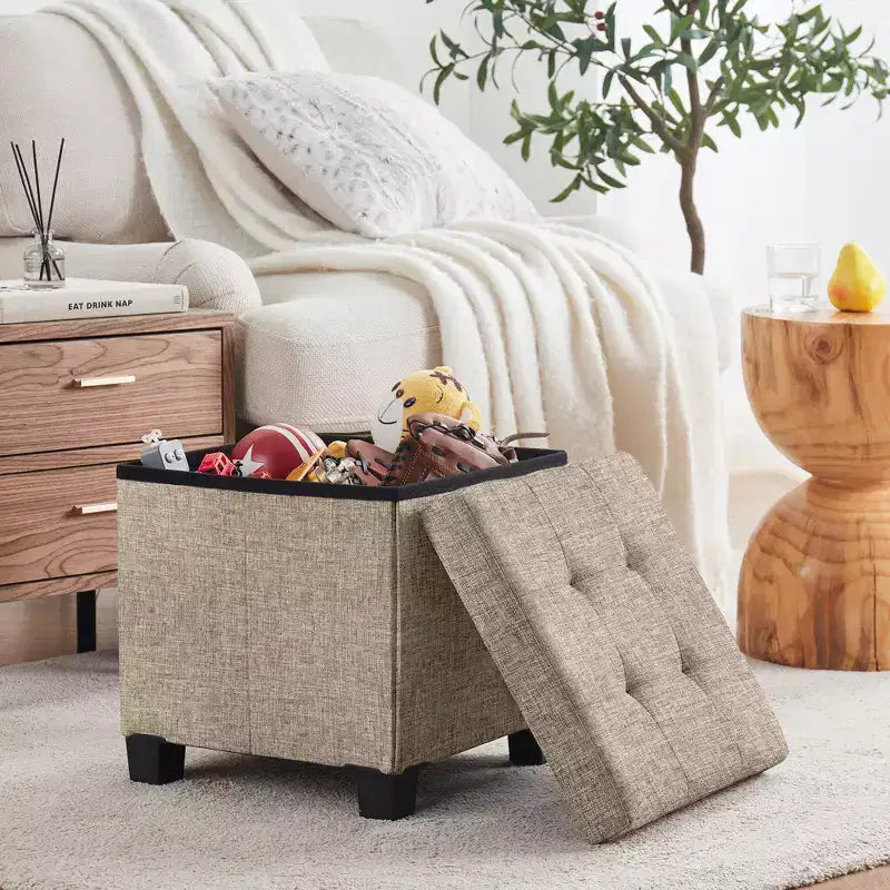 Quadratischer Wäschehocker aus Leinen, 15 Inch, mit Beinen