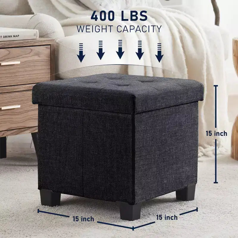 Quadratischer Wäschehocker aus Leinen, 15 Inch, mit Beinen
