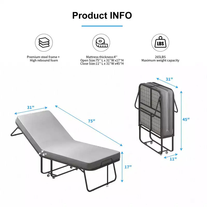 Cama plegable con colchón, cama portátil para invitados y catre de camping, acolchado suave y plegable