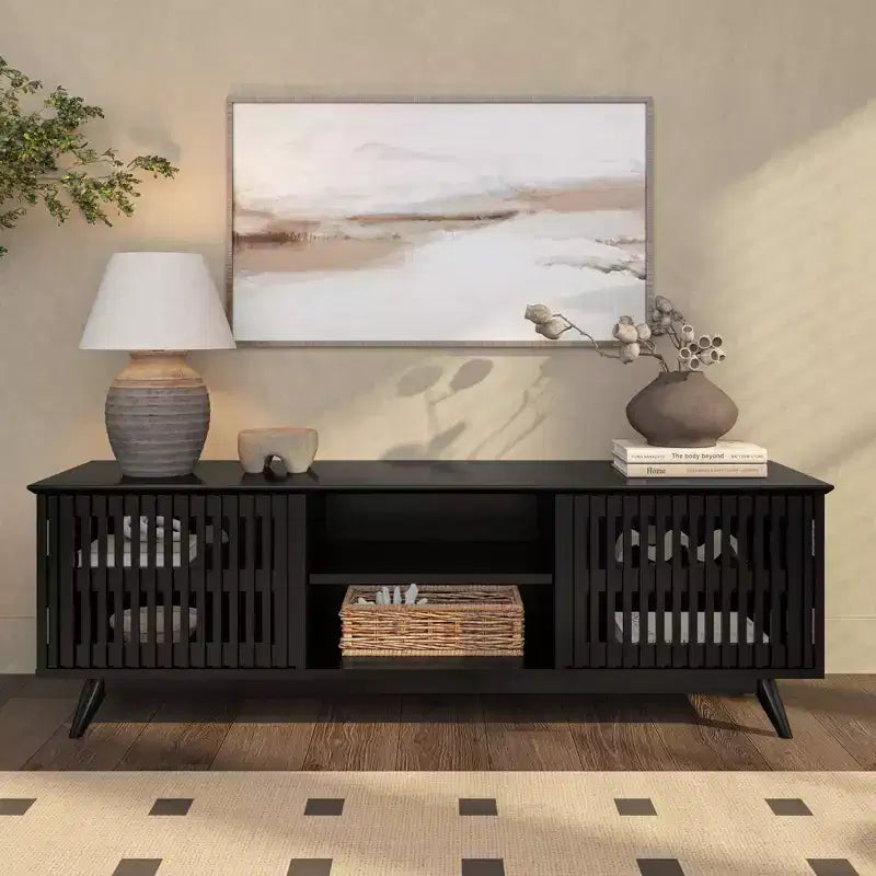 Mueble para TV de madera maciza de estilo moderno de mediados de siglo, de 59, con 2 puertas