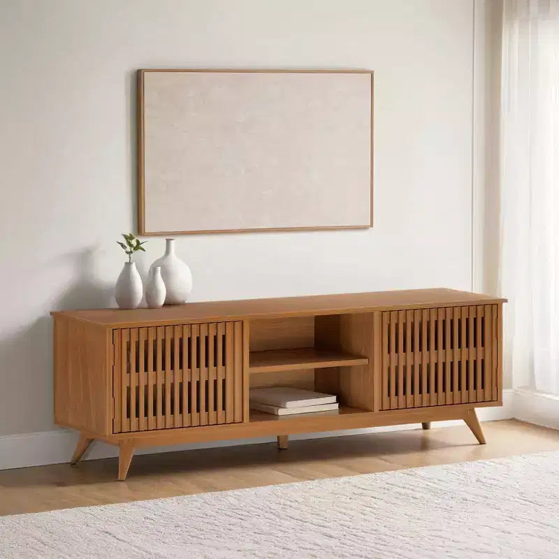 Mueble para TV de madera maciza de estilo moderno de mediados de siglo, de 59, con 2 puertas