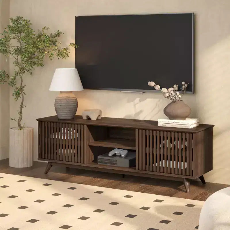 Mueble para TV de madera maciza de estilo moderno de mediados de siglo, de 59, con 2 puertas