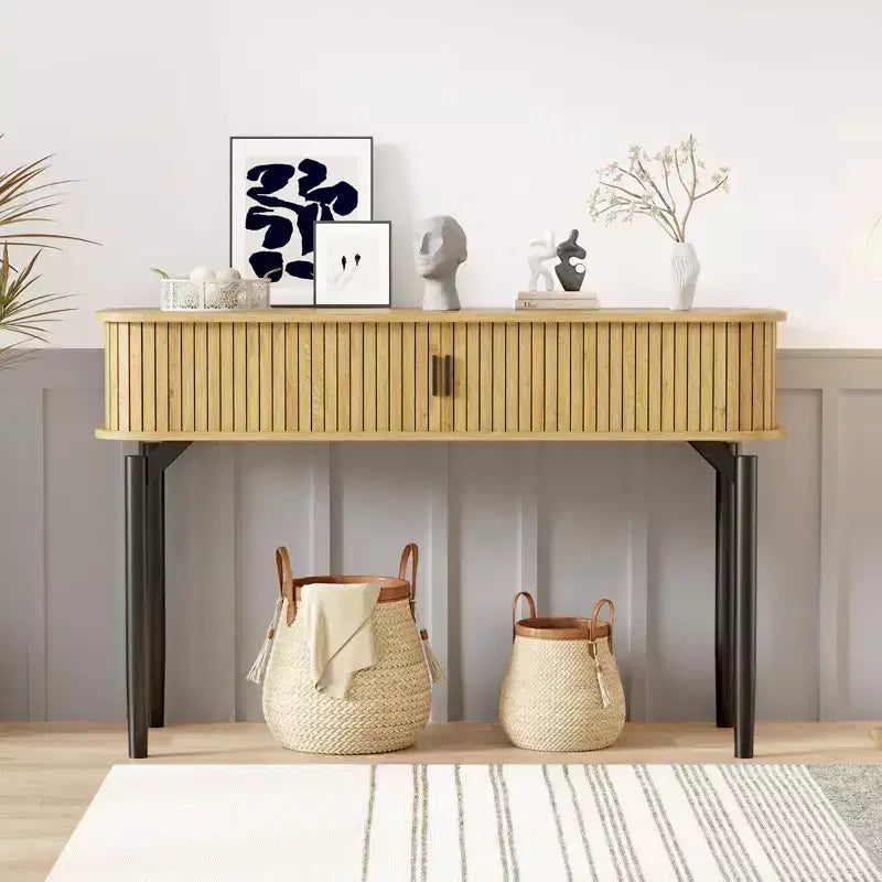 Mesa consola estriada de 47 con cajones, mesas estrechas para recibidor con almacenamiento y estantes